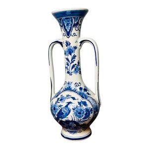 Delft Double Handle VINTAGE Vase Amphora 1930 Signed P.H.Hu 9" Tall
